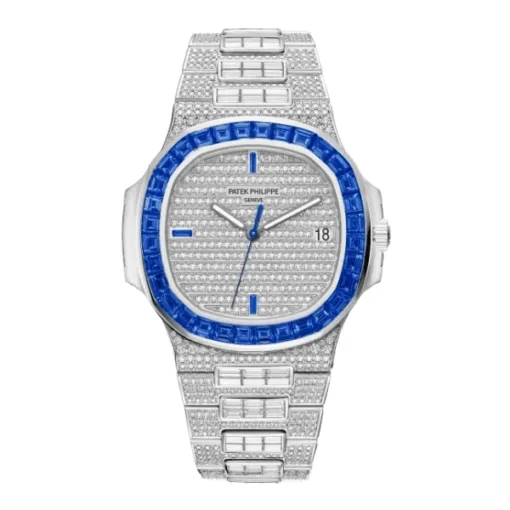 下载 (58) Patek Philippe Nautilus 5711/1A 40mm Demi Baugette Blue Full Moissanite HongKong – Customize Diamod